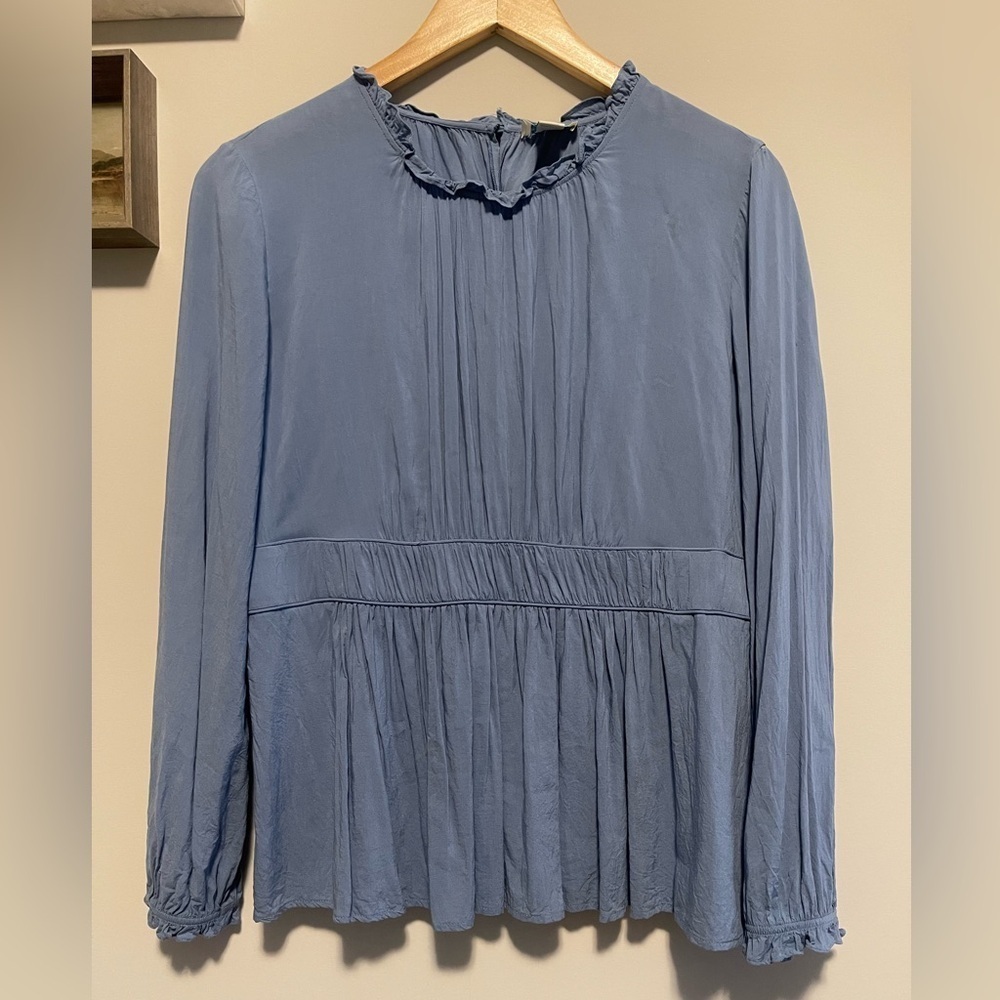 Sundance | Blue Rayon Peasant Modest Ruffle Neck Blouse Size Large